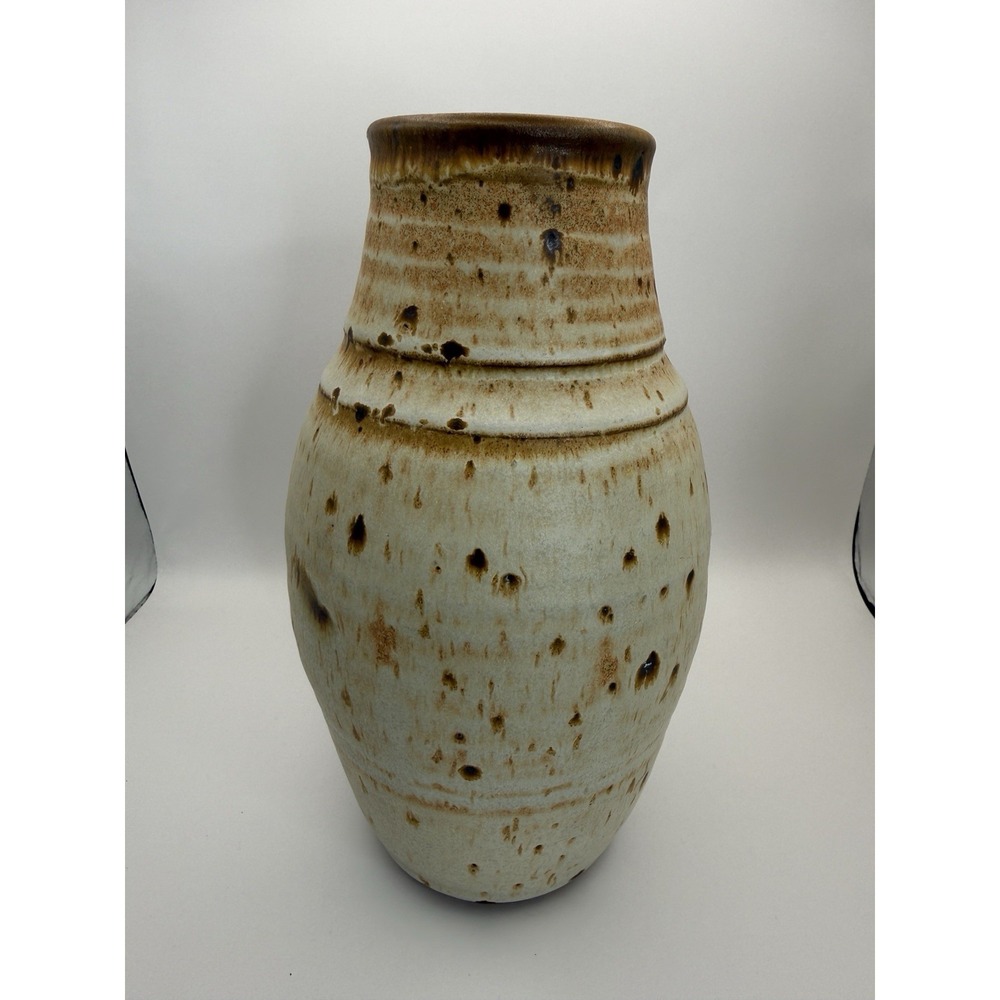 Signed Studio Art Pottery Vase 9.75" Hand Thrown Speckled Drip Glaze Earthy